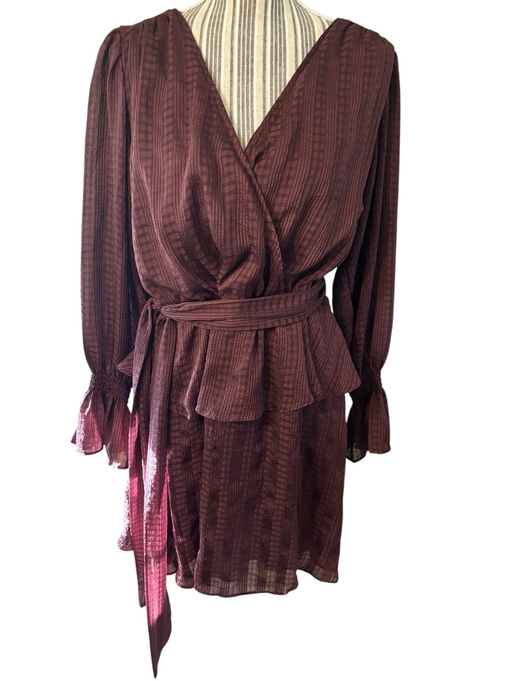 LC Lauren Conrad Dress 1X Satin Slip Mini Brown Red Peplum Faux Wrap Flowy Boho
